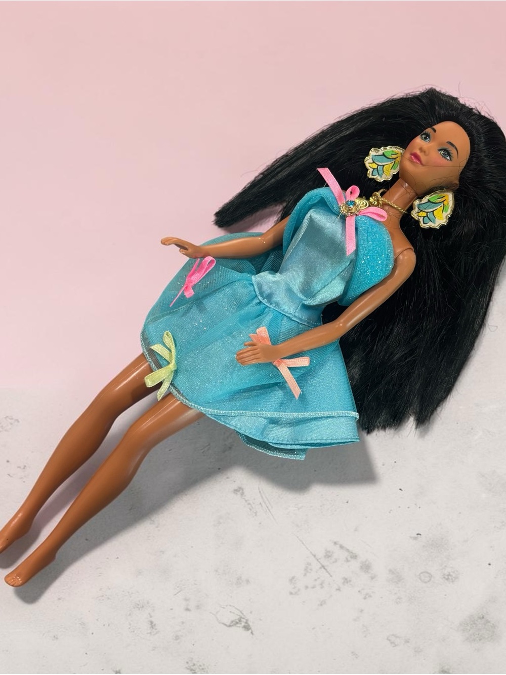 Barbie Turquoise Blue Sparkle Dress Doll with Colorful Bows